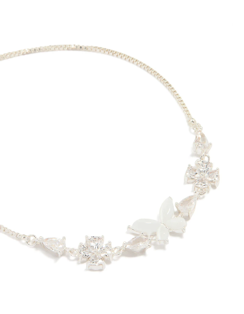Bracelet à bascule papillon et fleur en zircone cubique plaqué argent