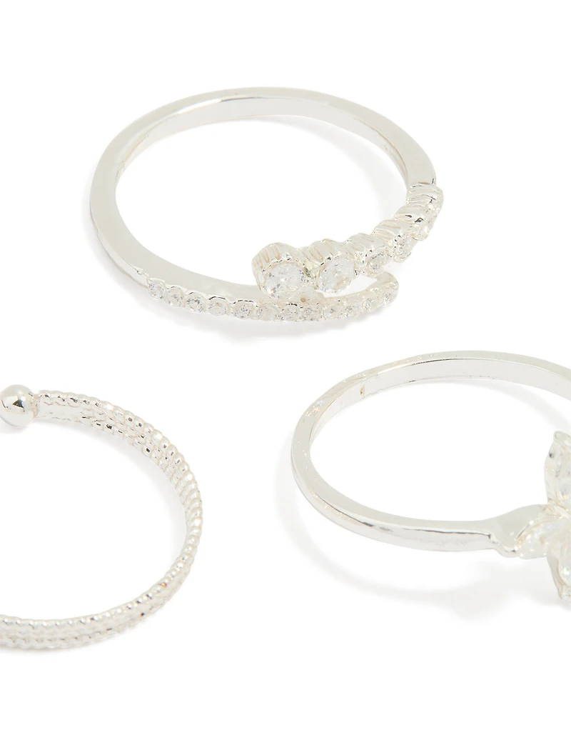 Silver Plated Cubic Zirconia Leafy Mixed Rings 5-Pack