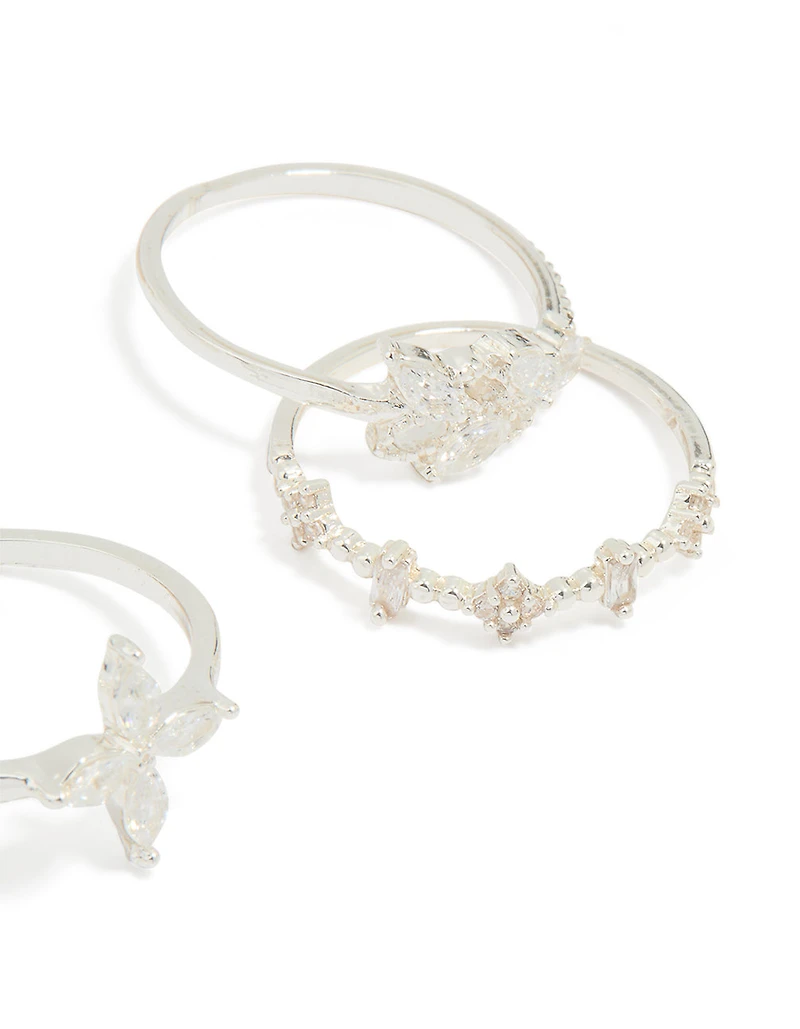 Silver Plated Cubic Zirconia Leafy Mixed Rings 5-Pack