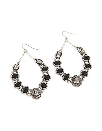 Antique Silver Textured Black Stone Oval Drop Earrings