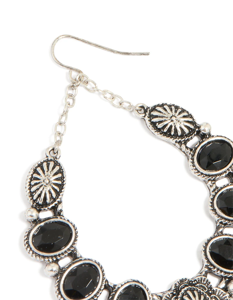 Boucles d’oreilles ovales ovales en pierre noire texturées en argent antique