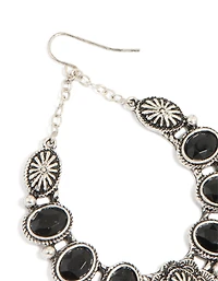 Boucles d’oreilles ovales ovales en pierre noire texturées en argent antique