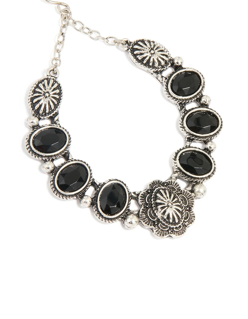 Antique Silver Textured Black Stone Oval Drop Earrings