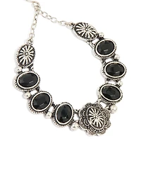 Antique Silver Textured Black Stone Oval Drop Earrings