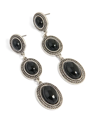 Antique Silver Black Stone Textured Circle Drop Earrings