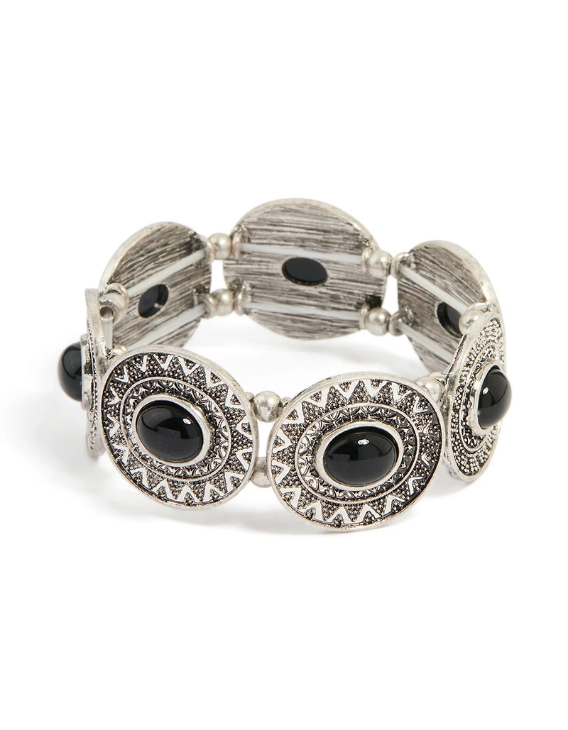 Bracelet antique en pierre noire argentée texturée, grand bracelet extensible