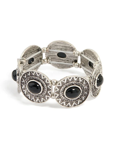 Bracelet antique en pierre noire argentée texturée, grand bracelet extensible