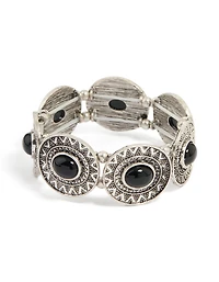 Bracelet antique en pierre noire argentée texturée, grand bracelet extensible