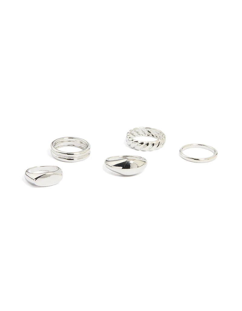 Silver Signet & Twist Rings 5-Pack