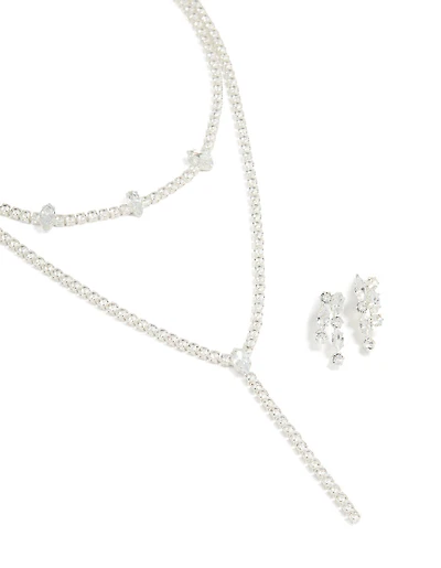 Silver Cubic Zirconia Y-Necklace & Drop Earrings Set
