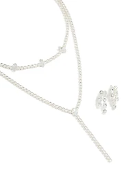 Silver Cubic Zirconia Y-Necklace & Drop Earrings Set