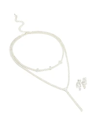 Silver Cubic Zirconia Y-Necklace & Drop Earrings Set