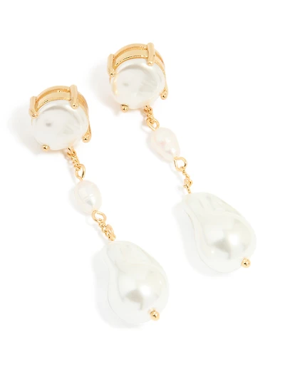 Gold Plated Pearl Statement Trio Drop Earrings