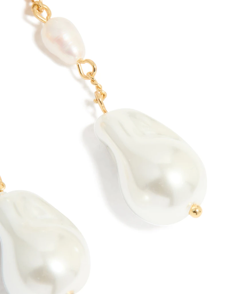 Gold Plated Pearl Statement Trio Drop Earrings