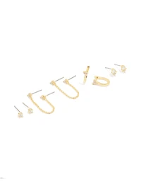 Gold Plated Cubic Zirconia Dainty Chain & Mixed Earrings 5-Pack