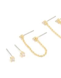 Gold Plated Cubic Zirconia Dainty Chain & Mixed Earrings 5-Pack