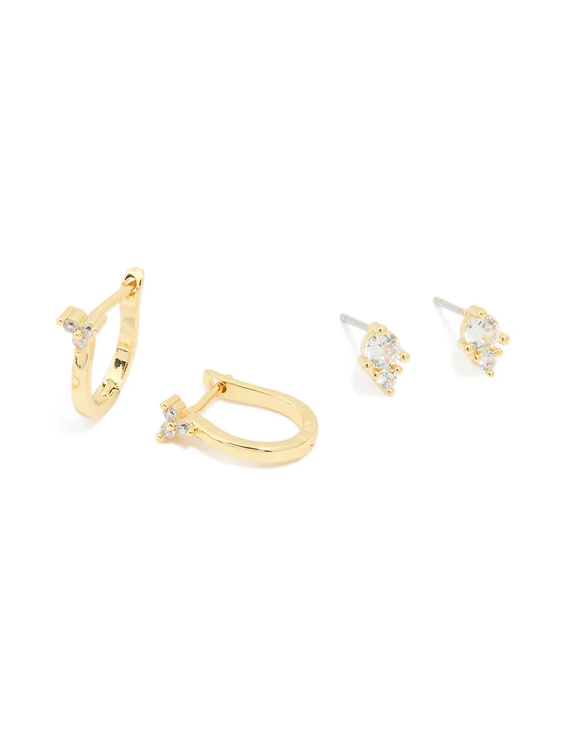 Gold Plated Cubic Zirconia Dainty Chain & Mixed Earrings 5-Pack