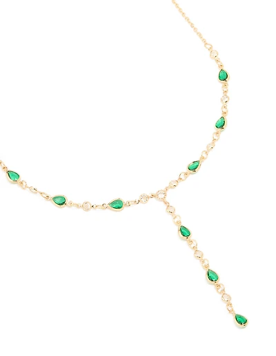 Gold Plated Emerald Cubic Zirconia Y-Necklace