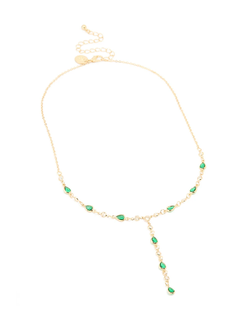 Gold Plated Emerald Cubic Zirconia Y-Necklace