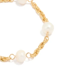 Gold Plated Twist Freshwater Pearl Chain Bracelet