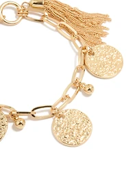 Gold Tassel & Textured Coin Charm Bracelet