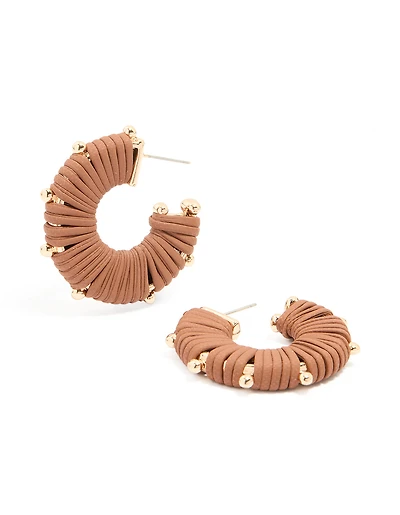 Gold Brown Yarn Wrapped Hoop Earrings