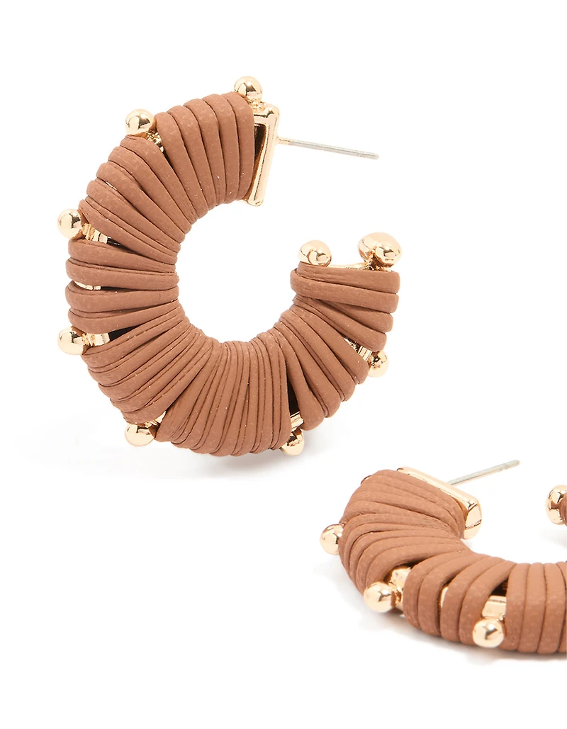 Gold Brown Yarn Wrapped Hoop Earrings