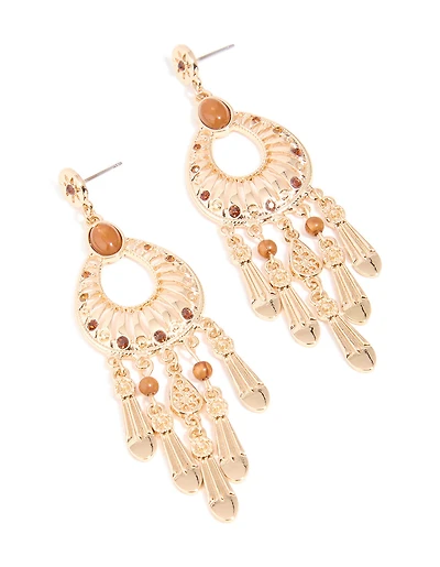 Gold Brown Stone Rustic Chandelier Earrings