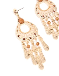 Gold Brown Stone Rustic Chandelier Earrings