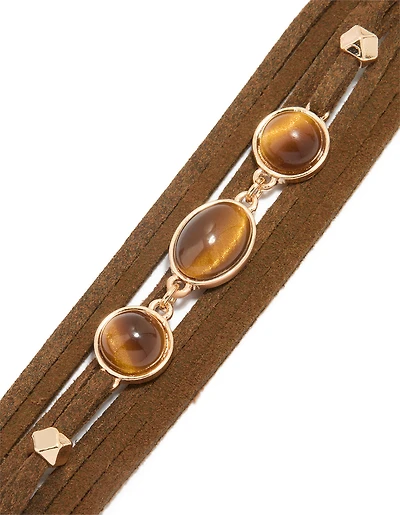 Gold Suede Brown Bead Multi Strand Boho Bracelet