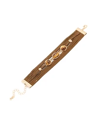 Gold Suede Brown Bead Multi Strand Boho Bracelet