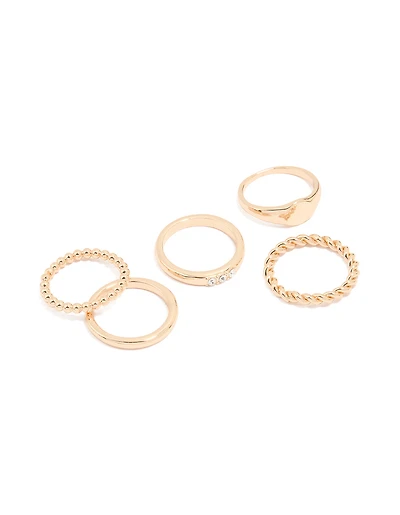 Gold Diamante Dainty & Signet Rings 5-Pack