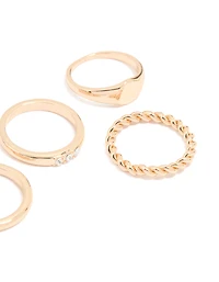 Gold Diamante Dainty & Signet Rings 5-Pack