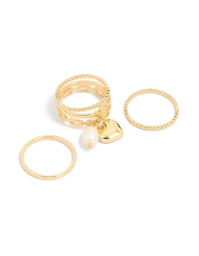 Gold Plated Pearl Heart Charm & Textured Rings 4-Pack