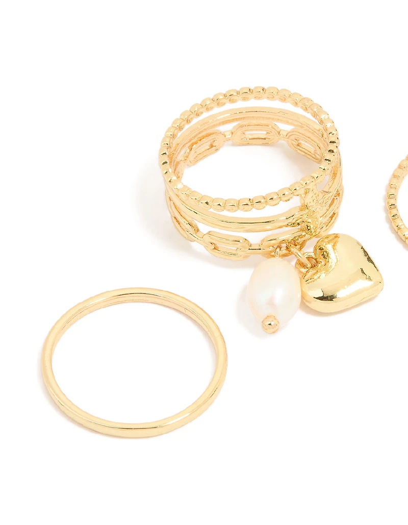 Gold Plated Pearl Heart Charm & Textured Rings 4-Pack