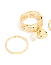 Gold Plated Pearl Heart Charm & Textured Rings 4-Pack