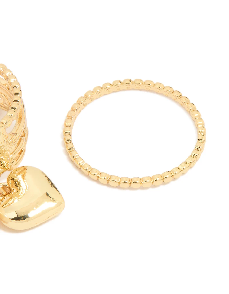 Gold Plated Pearl Heart Charm & Textured Rings 4-Pack