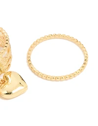 Gold Plated Pearl Heart Charm & Textured Rings 4-Pack
