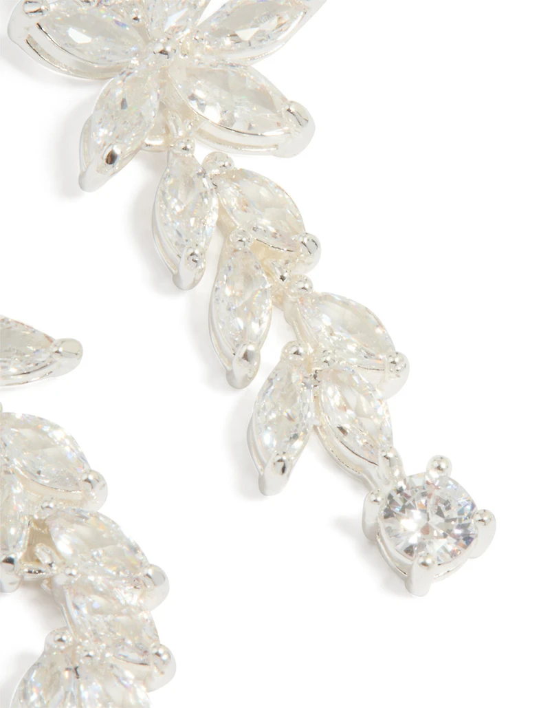 Silver Plated Cubic Zirconia Medium Flower Vine Drop Earrings