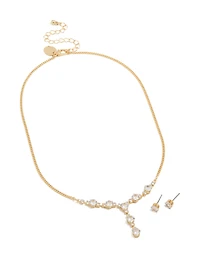 Gold Plated Cubic Zirconia Oval Lariat Necklace & Earrings Set