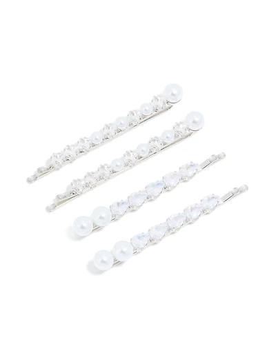 Silver Plated Cubic Zirconia & Pearl Hair Clips 4-Pack