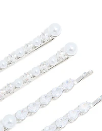Silver Plated Cubic Zirconia & Pearl Hair Clips 4-Pack