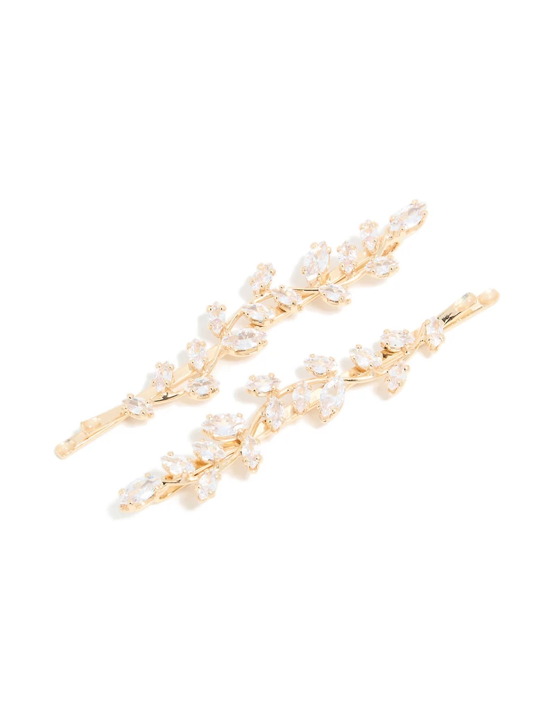 Gold Plated Cubic Zirconia Vine & Leaf Hair Clips 2-Pack