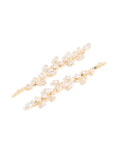 Gold Plated Cubic Zirconia Vine & Leaf Hair Clips 2-Pack