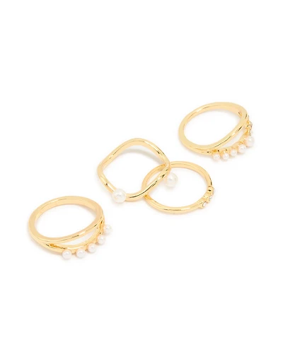 Gold Plated Cubic Zirconia Pearl Wavy Rings 4-Pack