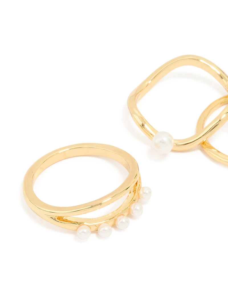 Gold Plated Cubic Zirconia Pearl Wavy Rings 4-Pack