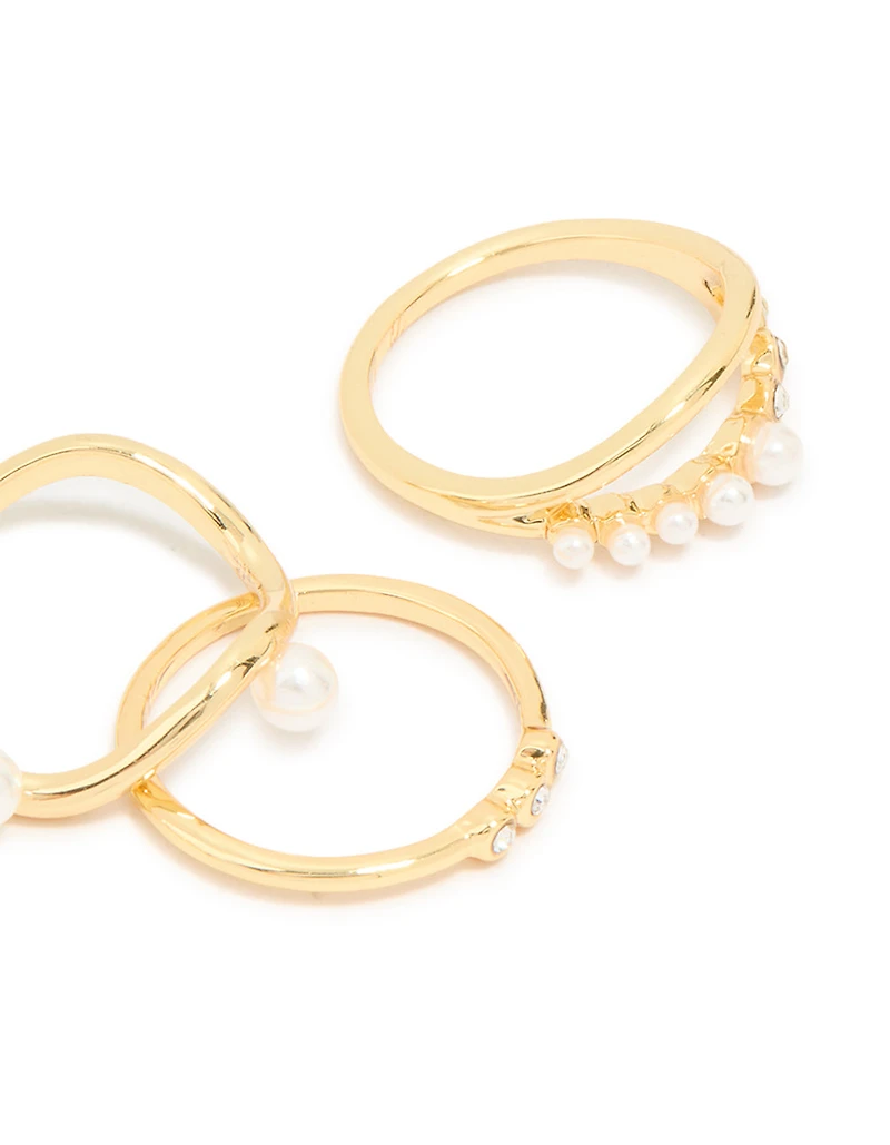 Gold Plated Cubic Zirconia Pearl Wavy Rings 4-Pack