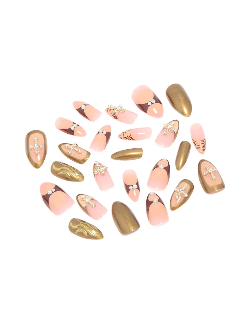 Presse-ongles à ongles en croix diamants dorés et roses