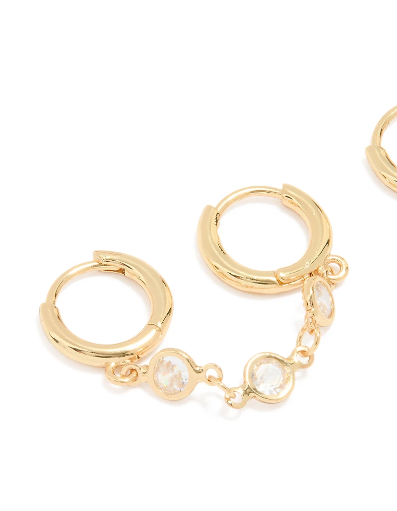 Gold Plated Cubic Zirconia Double Huggie Chain Earrings