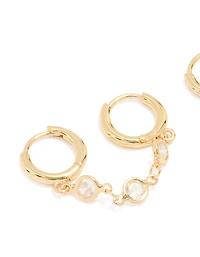 Gold Plated Cubic Zirconia Double Huggie Chain Earrings